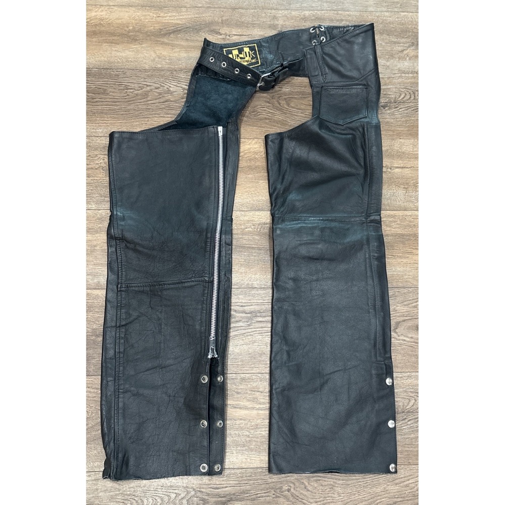 Vintage‎ Womens Unik INTL Black Leather Motorcycle Chaps Adjustable Sz XS